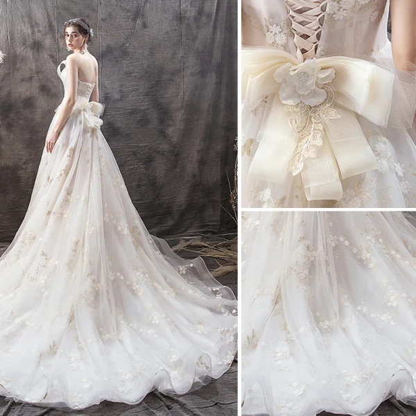 Chic / Beautiful Champagne Wedding Dresses 2019 A-Line / Princess Strapless Pearl Lace Flower Backless Bow Sleeveless Court Train