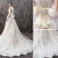 Chic / Beautiful Champagne Wedding Dresses 2019 A-Line / Princess Strapless Pearl Lace Flower Backless Bow Sleeveless Court Train
