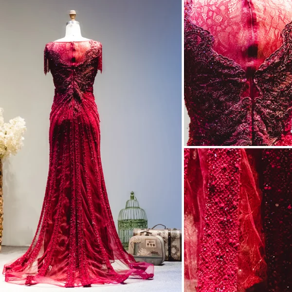 Luxury / Gorgeous Burgundy Handmade  Beading Evening Dresses  2019 Trumpet / Mermaid Scoop Neck Crystal Tassel Lace Flower Short Sleeve Sweep Train Formal Dresses