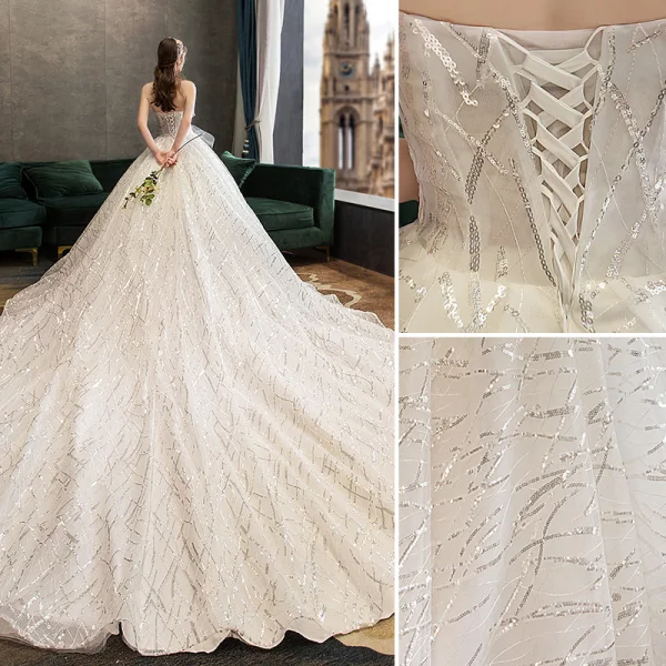 Chic Ivoire Robe De Mariée 2019 Robe Boule Bustier Paillettes En Dentelle Fleur Sans Manches Dos Nu Royal Train
