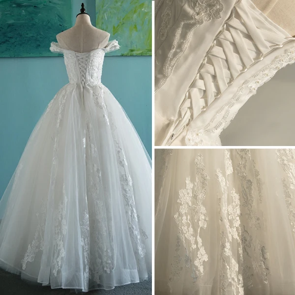 Elegant Ivory Wedding Dresses 2018 Ball Gown Appliques Pearl Off-The-Shoulder Backless Sleeveless Floor-Length / Long Wedding