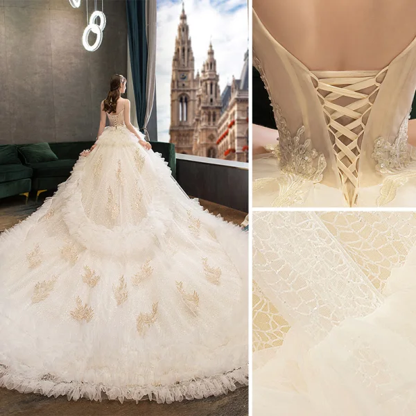 Fabulous Champagne Wedding Dresses 2019 Ball Gown Spaghetti Straps Ruffle Lace Flower Sequins Sleeveless Backless Royal Train