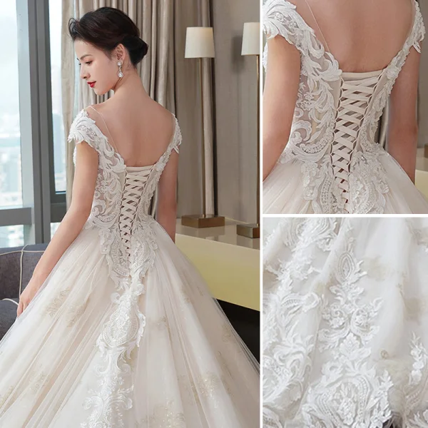 Luxury / Gorgeous Champagne Wedding Dresses 2019 A-Line / Princess V-Neck Beading Sequins Lace Flower Short Sleeve Backless Cathedral Train