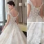 Luxury / Gorgeous Champagne Wedding Dresses 2019 A-Line / Princess V-Neck Beading Sequins Lace Flower Short Sleeve Backless Cathedral Train