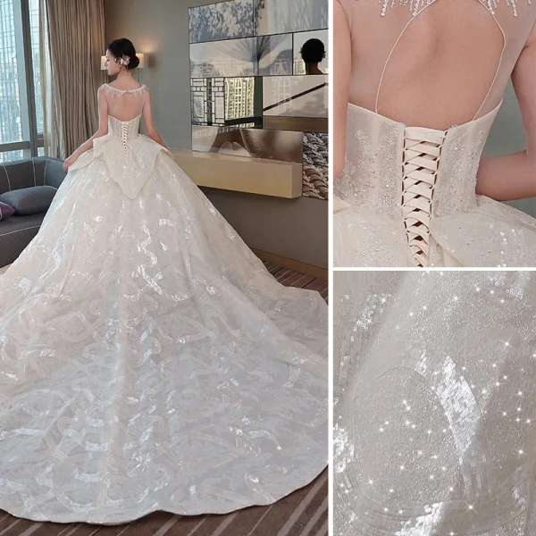Luxury / Gorgeous Champagne Wedding Dresses 2019 Ball Gown Scoop Neck Sequins Lace Flower Sleeveless Backless Cascading Ruffles Cathedral Train