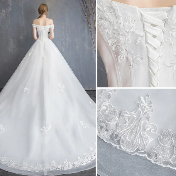 Affordable Ivory Wedding Dresses 2019 A-Line / Princess Off-The-Shoulder Beading Tassel Pearl Crystal Lace Flower Short Sleeve Backless Court Train