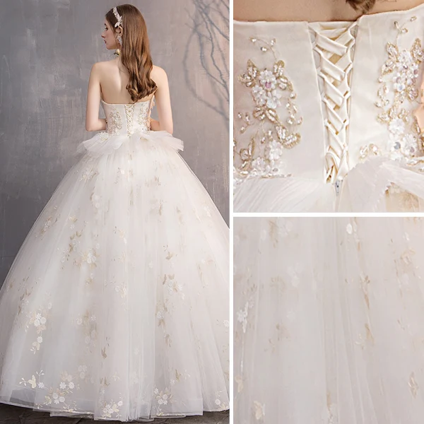 Abordable Ivoire Robe De Mariée 2019 Robe Boule Bustier Perlage Paillettes En Dentelle Fleur Sans Manches Dos Nu Longue
