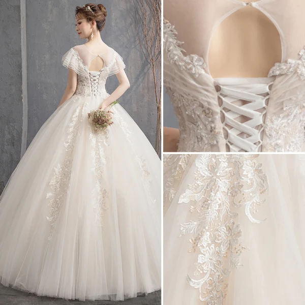 Lovely Champagne Wedding Dresses 2019 Ball Gown Scoop Neck Beading Lace Flower Short Sleeve Backless Floor-Length / Long