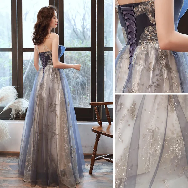 Fashion Ocean Blue Prom Dresses Evening Dresses  2021 A-Line / Princess Scoop Neck Beading Rhinestone Sequins Sleeveless Backless Floor-Length / Long Evening Party Formal Dresses