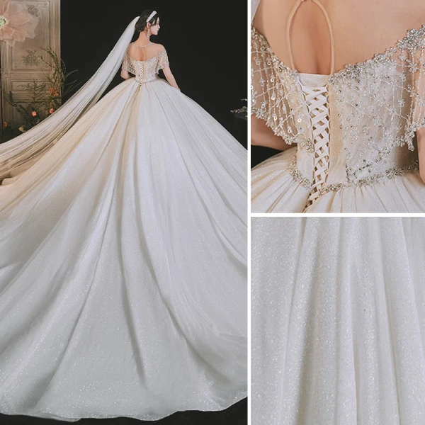 Luxury / Gorgeous Sexy White Wedding Dresses 2021 Ball Gown Scoop Neck Beading Rhinestone Short Sleeve Backless Royal Train Wedding
