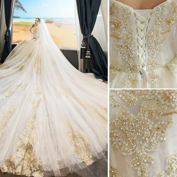 Stilig Champagne Bröllopsklänningar 2019 Prinsessa Av Axeln Beading Paljetter Spets Blomma Korta ärm Halterneck Royal Train