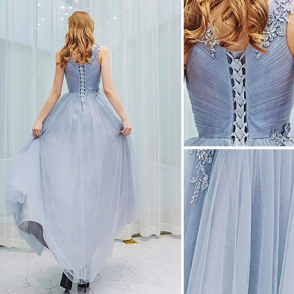 Élégant Gris Robe De Bal 2019 Princesse V-Cou En Dentelle Fleur Noeud Sans Manches Dos Nu Longue Robe De Ceremonie