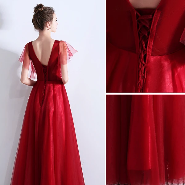 Chic / Beautiful Burgundy Evening Dresses 2019 A-Line / Princess V-Neck Beading Crystal Lace Flower Short Sleeve Backless Floor-Length / Long Formal Dresses