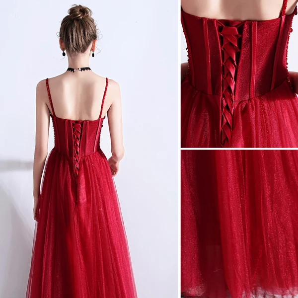 Chic / Belle Bordeaux Robe De Soirée 2019 Princesse Bretelles Spaghetti Perlage Cristal Paillettes Sans Manches Dos Nu Longue Robe De Ceremonie