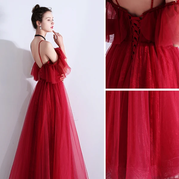 Chic / Beautiful Burgundy Evening Dresses 2019 A-Line / Princess Spaghetti Straps Beading Crystal Sleeveless Backless Floor-Length / Long Evening Party Formal Dresses