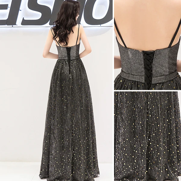 Charmant Noire Robe De Soirée 2019 Princesse Bretelles Spaghetti Étoile Paillettes Sans Manches Dos Nu Longue Robe De Ceremonie