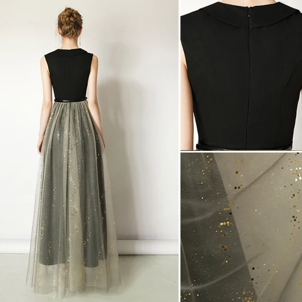 Chic / Belle Noire Robe De Soirée 2019 Princesse V-Cou Ceinture Paillettes Sans Manches Longue Robe De Ceremonie