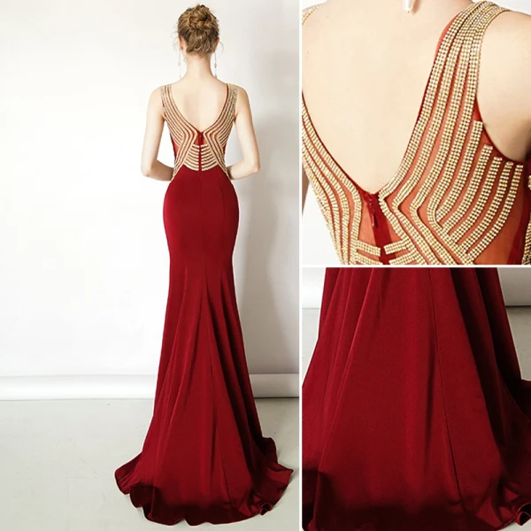 Chic / Beautiful Burgundy Evening Dresses 2019 Trumpet / Mermaid V-Neck Rhinestone Sleeveless Backless Sweep Train Formal Dresses