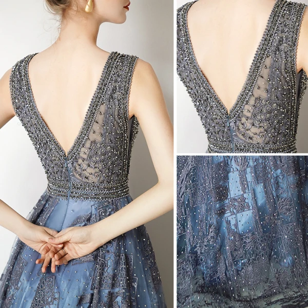 Luxury / Gorgeous Ocean Blue Handmade Beading Evening Dresses 2019 A-Line / Princess V-Neck Crystal Lace Flower Sleeveless Backless Sweep Train Formal Dresses