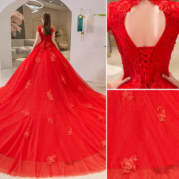 Chinese style Red Wedding Dresses 2019 Ball Gown High Neck Beading Crystal Lace Flower Sequins Short Sleeve Backless Cathedral Train