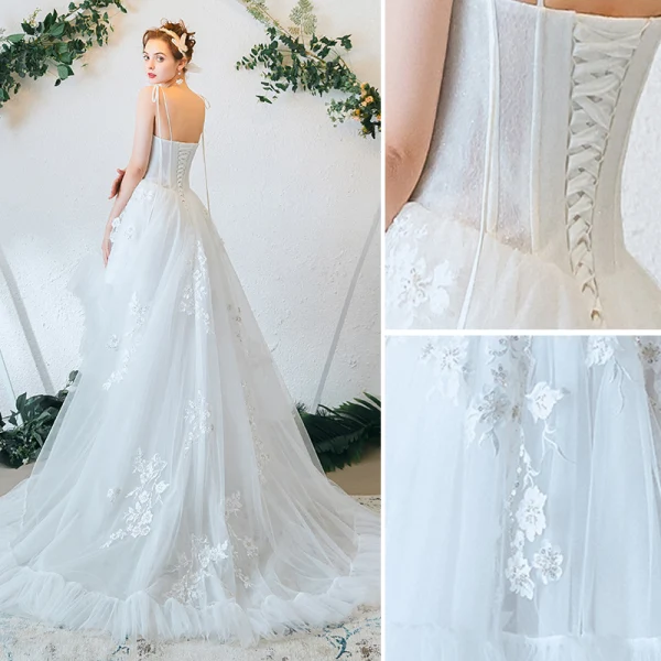 Chic Haute Basse Été Ivoire Plage Robe De Mariée 2019 Princesse Bretelles Spaghetti Perlage Paillettes Appliques En Dentelle Fleur Sans Manches Dos Nu Train De Balayage