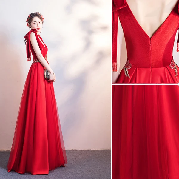 Chic / Beautiful Red Evening Dresses 2019 A-Line / Princess Suede V-Neck Lace Flower Sleeveless Backless Floor-Length / Long Formal Dresses