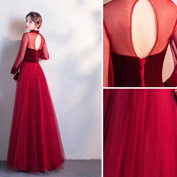 Chic / Beautiful Burgundy Evening Dresses 2019 A-Line / Princess High Neck Suede Bow Long Sleeve Backless Floor-Length / Long Formal Dresses