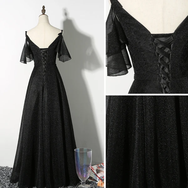 Chic / Beautiful Black Evening Dresses 2019 A-Line / Princess Spaghetti Straps Short Sleeve Backless Floor-Length / Long Formal Dresses