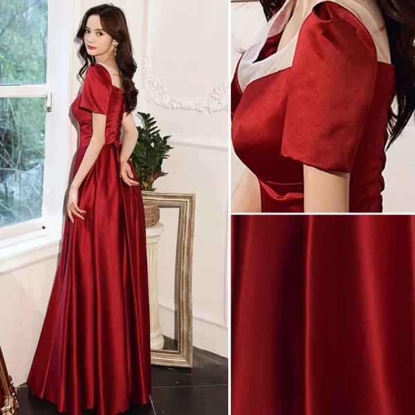 Elegant Burgundy Satin Evening Dresses  2021 A-Line / Princess Sash Scoop Neck Short Sleeve Backless Tea-length Evening Party Formal Dresses