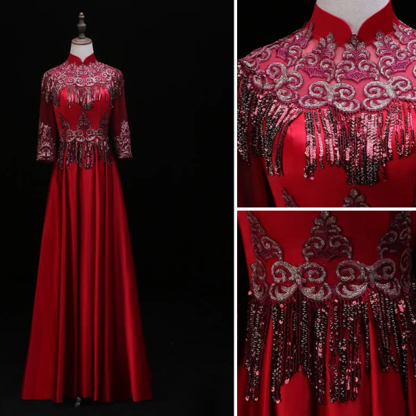 Chinese style Burgundy Evening Dresses 2019 A-Line / Princess High Neck Lace Flower Sequins Tassel 3/4 Sleeve Backless Floor-Length / Long Formal Dresses