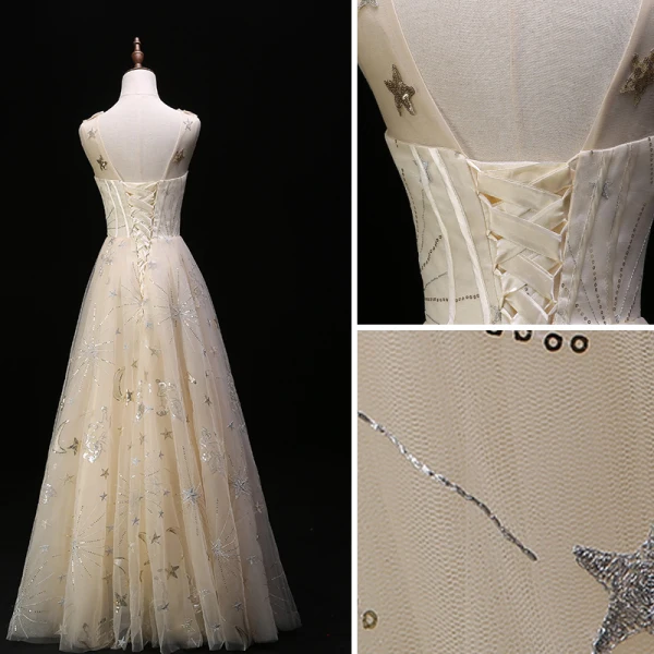 Modern / Fashion Champagne Evening Dresses  2019 A-Line / Princess Scoop Neck Lace Star Sequins Sleeveless Backless Floor-Length / Long Formal Dresses
