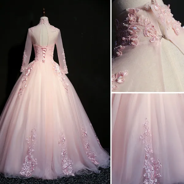 Elegant Blushing Pink Prom Dresses 2019 Ball Gown High Neck
