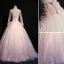 Elegant Blushing Pink Prom Dresses 2019 Ball Gown High Neck Beading Pearl Crystal Lace Flower Long Sleeve Backless Floor-Length / Long Formal Dresses