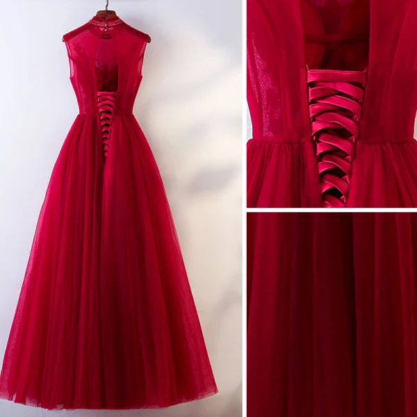 Chic / Beautiful Vintage / Retro Burgundy Evening Dresses 2019 A-Line / Princess High Neck Beading Crystal Sleeveless Backless Floor-Length / Long Formal Dresses