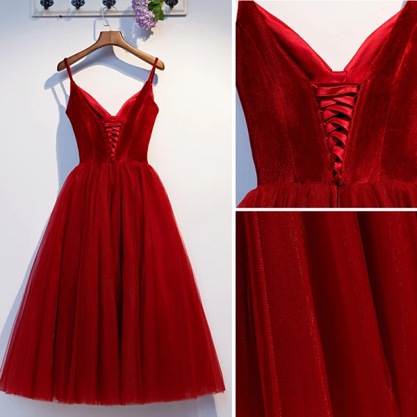Chic / Belle Bordeaux Voyage de noces Robe De Graduation 2019 Princesse Bretelles Spaghetti Daim Sans Manches Dos Nu Courte Robe De Ceremonie