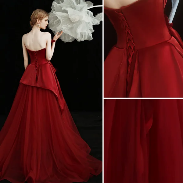 Charming Burgundy Prom Dresses Evening Dresses  2021 A-Line / Princess Strapless Bow Sleeveless Backless Floor-Length / Long Evening Party Formal Dresses