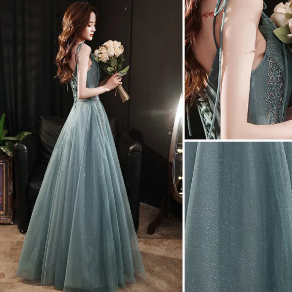 Charming Sage Green Glitter Prom Dresses 2021 A-Line / Princess Spaghetti Straps Rhinestone Sleeveless Backless Tea-length Evening Party Formal Dresses