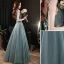 Charming Sage Green Glitter Prom Dresses 2021 A-Line / Princess Spaghetti Straps Rhinestone Sleeveless Backless Tea-length Evening Party Formal Dresses