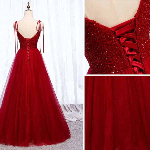 Chic / Belle Bordeaux Robe De Soirée 2019 Princesse Bretelles Spaghetti Noeud Perlage Cristal Sans Manches Dos Nu Longue Robe De Ceremonie