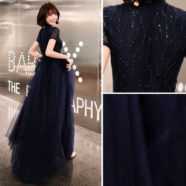 Style Chinois Bleu Marine Robe De Soirée 2019 Princesse Col Haut Perlage Cristal Manches Courtes Longue Robe De Ceremonie