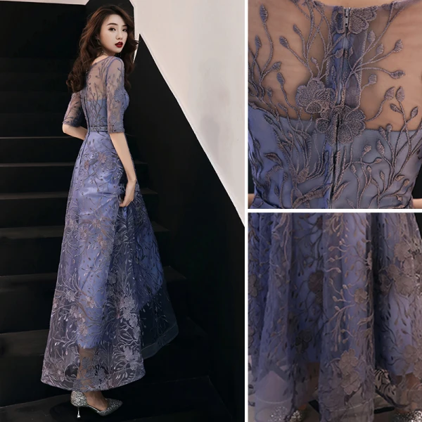 Chic / Belle Océan Bleu Robe De Soirée 2019 Princesse Encolure Dégagée En Dentelle Fleur 1/2 Manches Longue Robe De Ceremonie