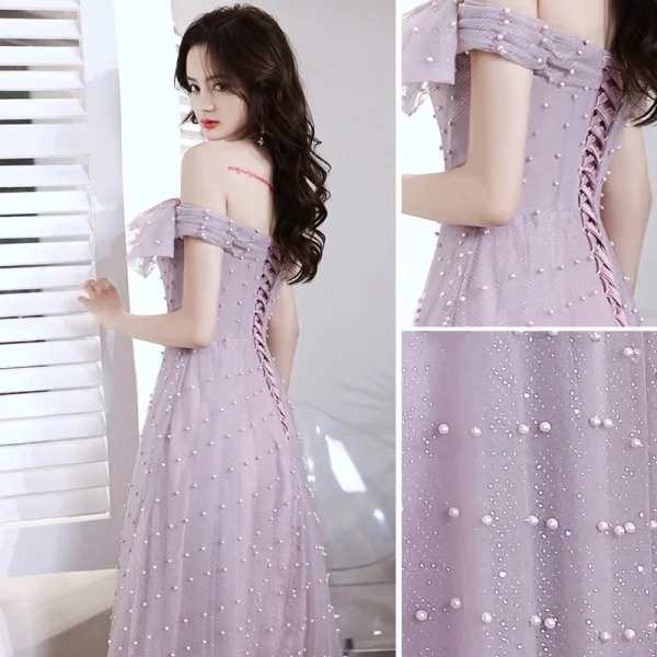 Chic / Beautiful Lavender Pearl Prom Dresses A-Line / Princess 2021 Off-The-Shoulder Sleeveless Backless Tea-length Prom Formal Dresses