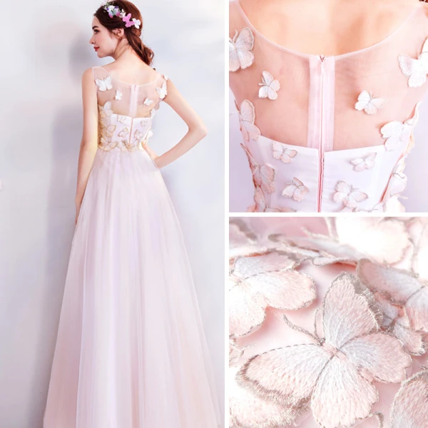 Chic / Beautiful Blushing Pink Evening Dresses  2018 A-Line / Princess Embroidered Butterfly Scoop Neck Sleeveless Ankle Length Formal Dresses
