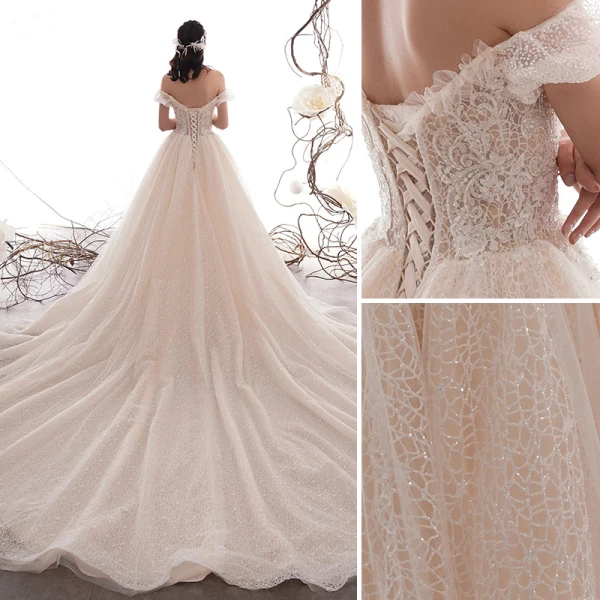 Chic Champagne Robe De Mariée 2019 Princesse De l'épaule Perlage Perle En Dentelle Fleur Manches Courtes Dos Nu Cathedral Train