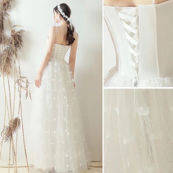 Simple Ivoire Robe De Mariée 2019 Princesse Noeud Bretelles Spaghetti Appliques Sans Manches Dos Nu Longue