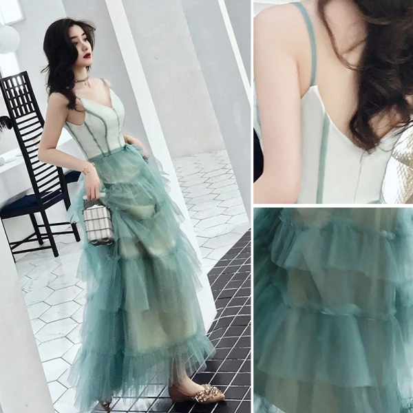Modern / Fashion Gradient-Color Evening Dresses 2019 A-Line / Princess Spaghetti Straps Bow Sleeveless Backless Floor-Length / Long Formal Dresses