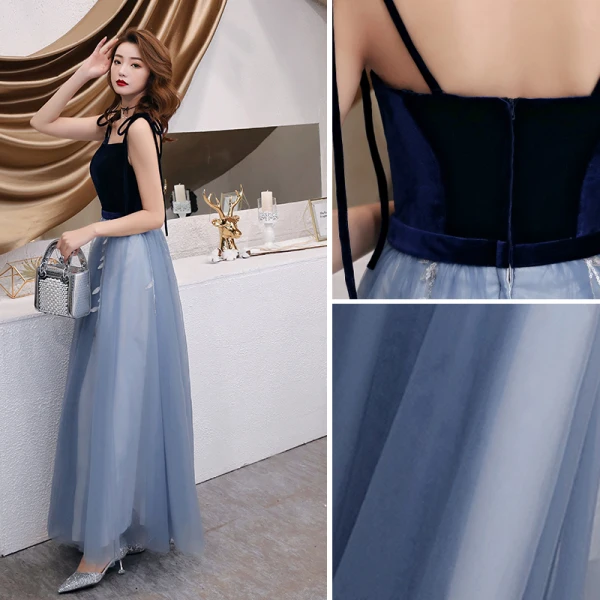 Chic / Belle Bleu Ciel Robe De Soirée 2019 Princesse Bretelles Spaghetti Noeud Paillettes En Dentelle Fleur Sans Manches Daim Dos Nu Longue Robe De Ceremonie