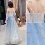 Modern / Fashion Sky Blue Evening Dresses  2019 A-Line / Princess Spaghetti Straps Sequins Long Sleeve Backless Floor-Length / Long Formal Dresses