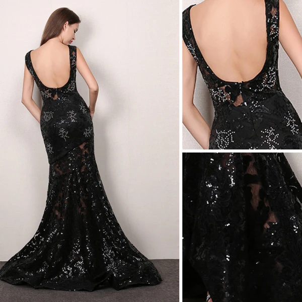 Sexy Noire Robe De Soirée 2019 Trompette / Sirène Encolure Dégagée Paillettes Faux Diamant En Dentelle Fleur Sans Manches Dos Nu Train De Balayage Robe De Ceremonie