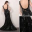 Sexy Noire Robe De Soirée 2019 Trompette / Sirène Encolure Dégagée Paillettes Faux Diamant En Dentelle Fleur Sans Manches Dos Nu Train De Balayage Robe De Ceremonie